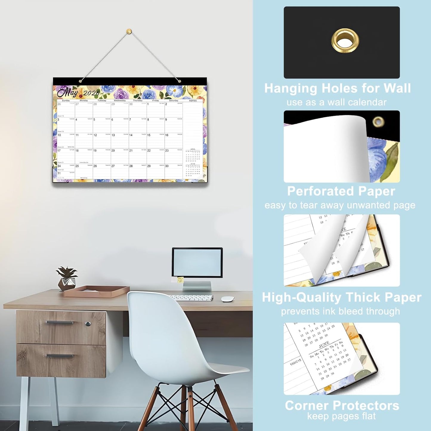 Lbylyhxc Desk Calendar 2026-2027, 18-Month School Year Calendar 2026-2027, January 2026 to June 2027, Large Desktop Calendar Monthly for Teacher with Corner Protectors 17" X 12" (Watercolor Flowers Desk Calendar, 17x12 inches)