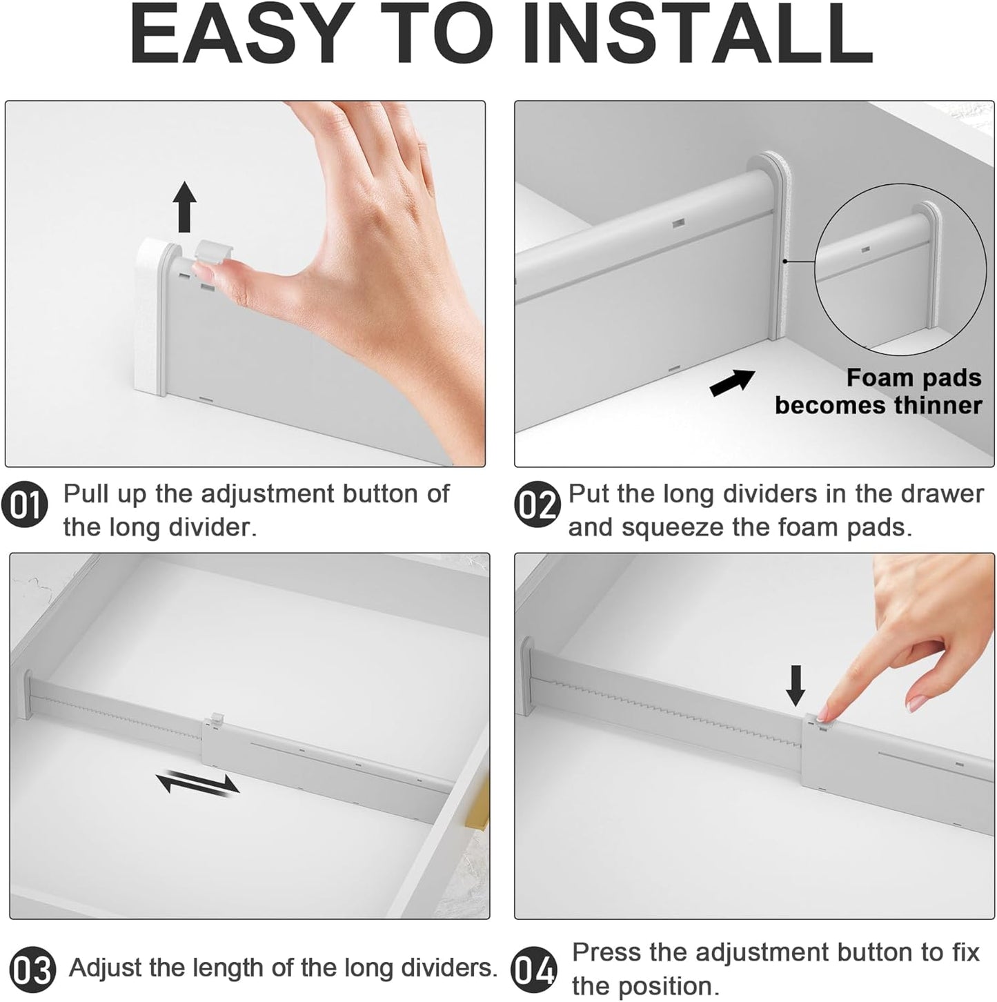 HiYZ Expandable Drawer Dividers - 12.6-22.8'' Adjustable Drawers Organizers for Kitchen Utensils, Drawer Separators in Bedroom, Dresser, Office, Bathroom, Fridge, 5 Pack Long Dividers-Gray