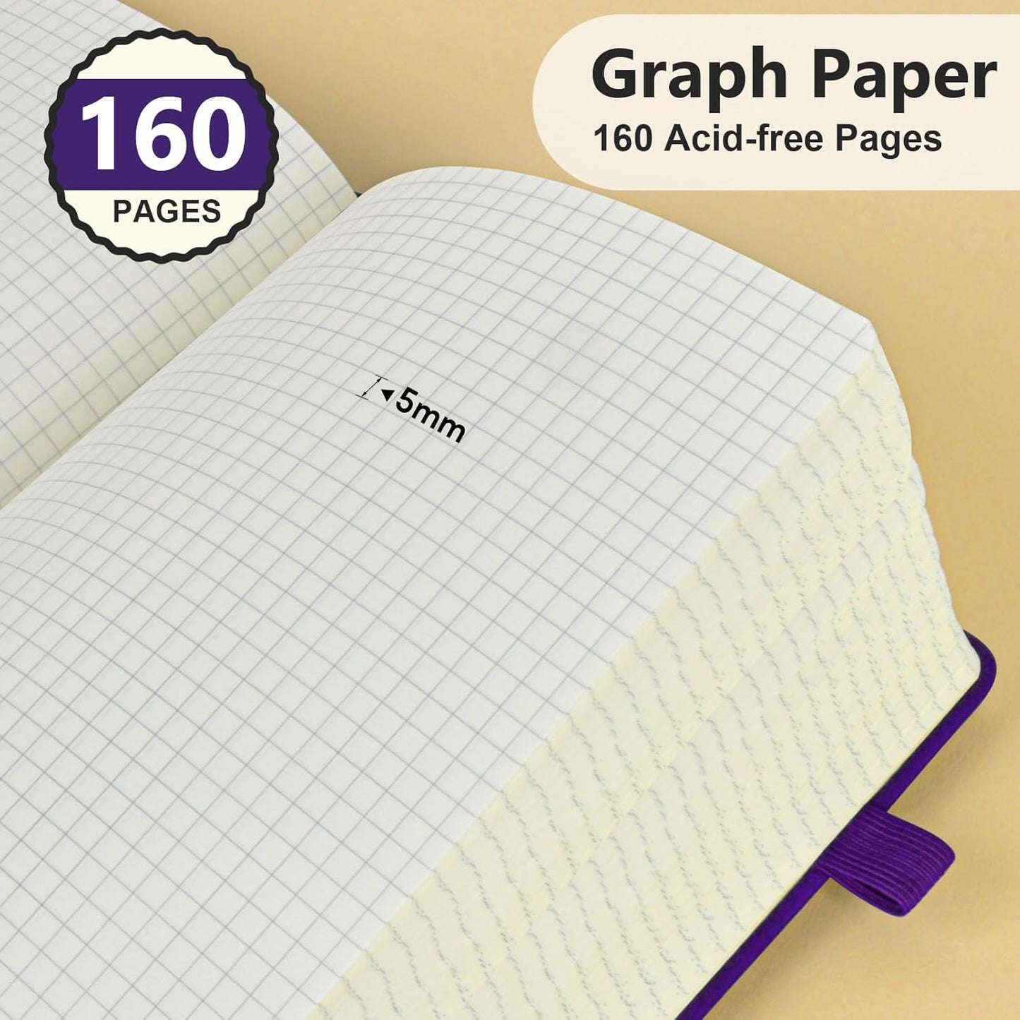 Graph Paper Notebook, 160 Pages Grid Journal for women & men, A5 Hardcover Leather Graphing Notebook for School, Work, Travel, Note Taking 5.9”x8.5” (Purple)