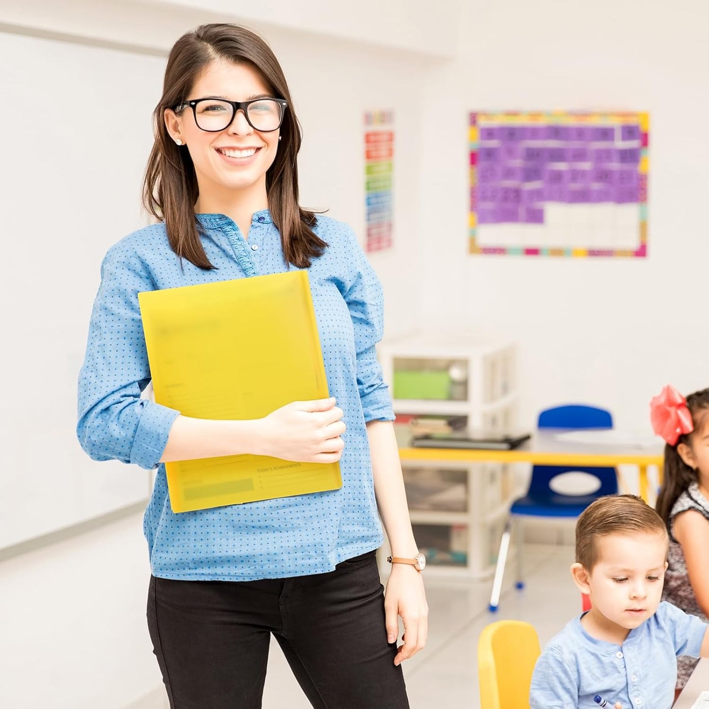 Patelai 48 Pcs Plastic Folders with 2 Pockets and 3 Prongs Home Folders with Card Slot Letter Size Heavy Duty Report Covers for Back to School(Yellow,Classic)