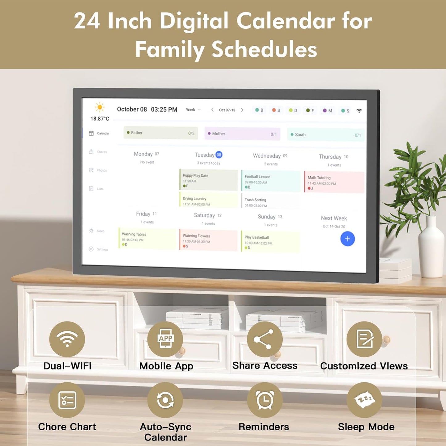 24" Smart Digital Calendar for-Family-Meal-Planner - Electronic Calendars for Chore Chart, Interactive Touchscreen Display for Family Schedules, Auto-Sync Google iCloud Outlook, Wall Mountable for Mom