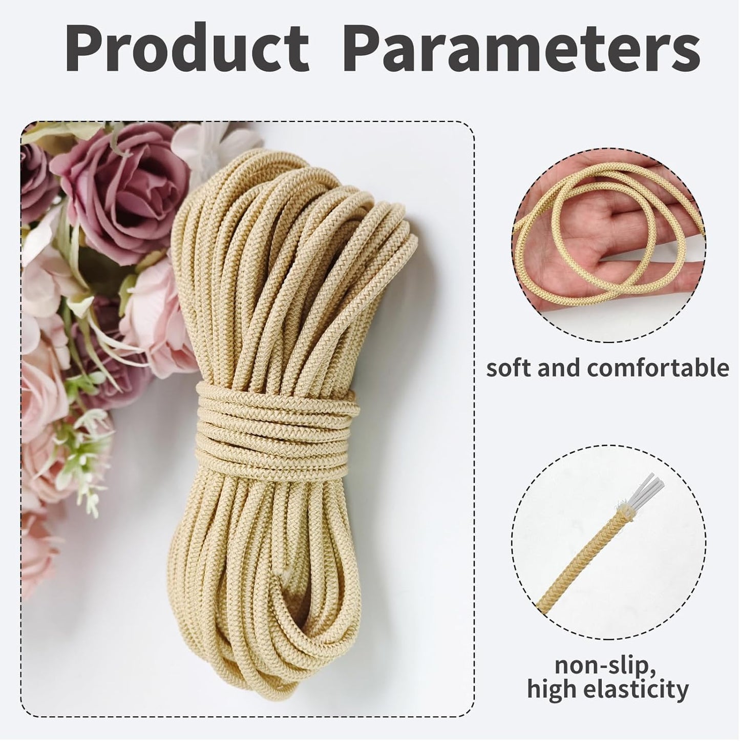 1/8 inch Non-Slip Elastic Band -3mm 15 Yards Soft Elastic Cord Stretch String Braided Thread for Sports Gear, DIY Crafts, Hair Bands, Shoelaces,Apparel Making & Camping Tie Down (Khaki)