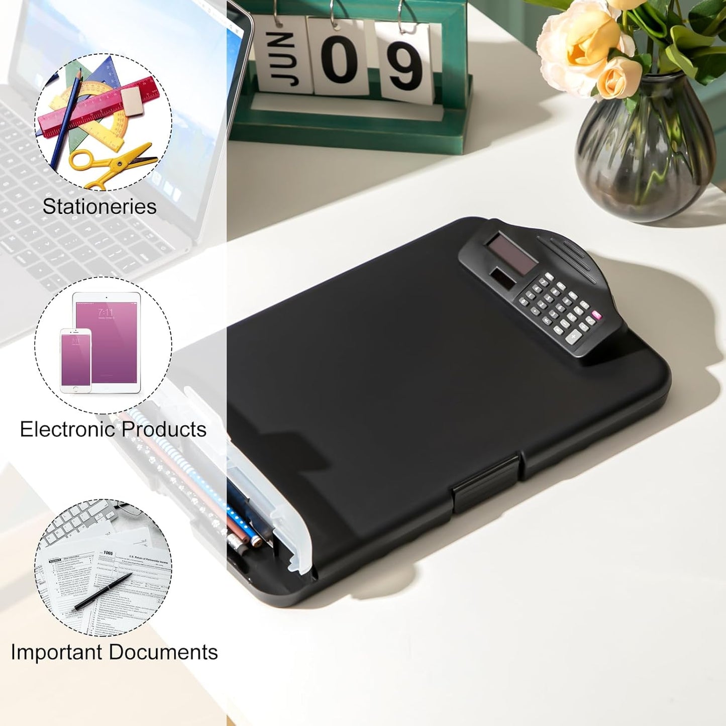 Geyoga 4 Packs Calculator Clipboard with Storage 14 x 10 x 2.6 Inches File Folder Plastic Storage Clipboard Letter Size File Folder with Low Profile Clip for School Classroom Office