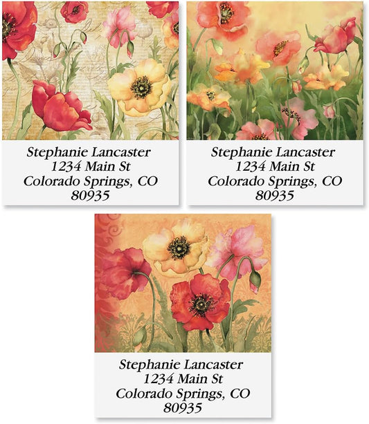 Colorful Images Poppies Floral Return Address Mailing Labels, Personalize with Name & Address, Set of 144 Self Adhesive, Easy Peel Flat Label Sheets, Square, 3 Designs