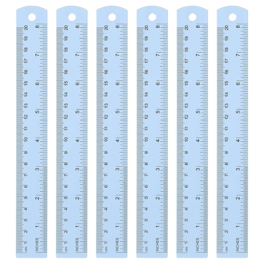 HARFINGTON 6pcs Metal Straight Ruler 20cm Metric SAE Aluminum Alloy Measuring Rulers Scale Tool with Hole for Measure Study Reading Classroom Office, Light Blue