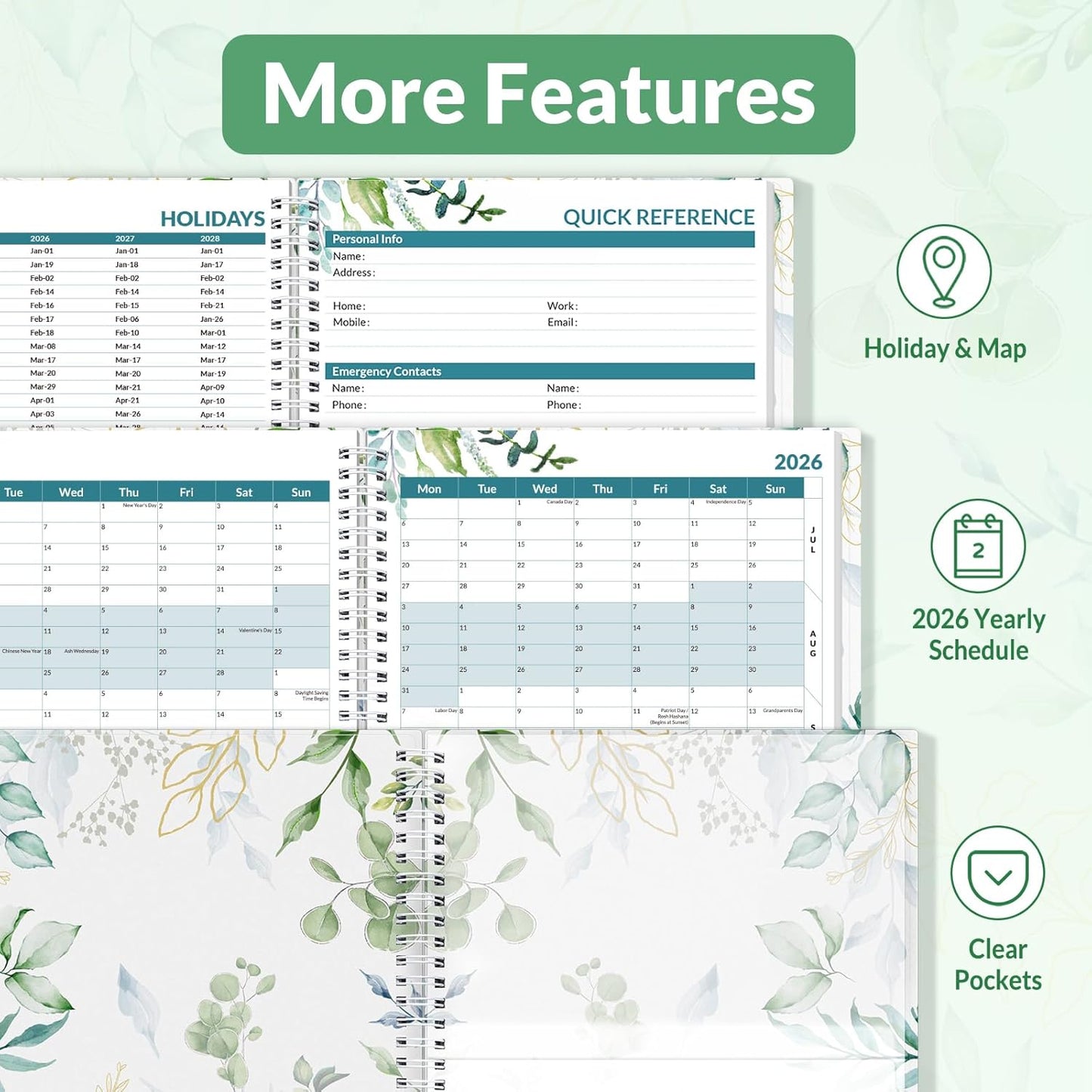 SUNEE 2026 Weekly and Monthly Planner - from January 2026 - December 2026, 8.5"x11" Daily Agenda Planner with Monthly Tab, Flexible Cover, Note Pages, Pockets, Bookmark, Spiral Binding, Eucalyptus
