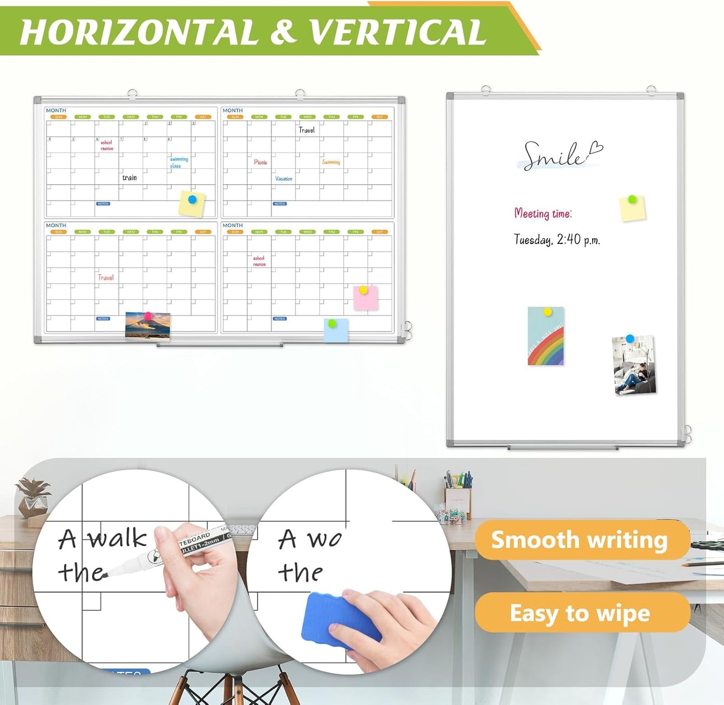 Dry Erase Calendar Whiteboard for Wall, 36" x 24" Magnetic Planner, Silver Aluminum Frame 4 Month Board for Office Home and School