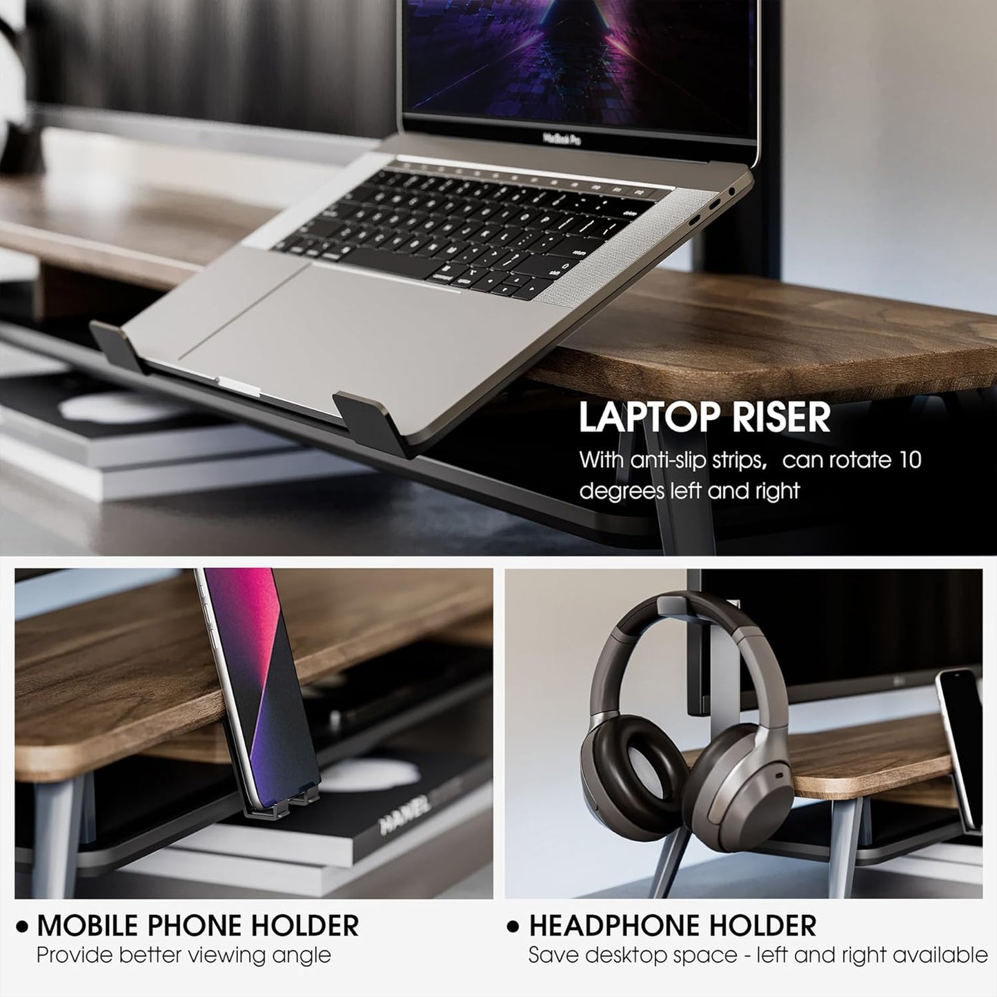 Fenge Dual Monitor Stand, Monitor Riser for 2 Monitors with Adjustable Laptop Riser , 42.5 Inch Desk Shelf for Top of Desk with Phone Holder& Headphone Stand