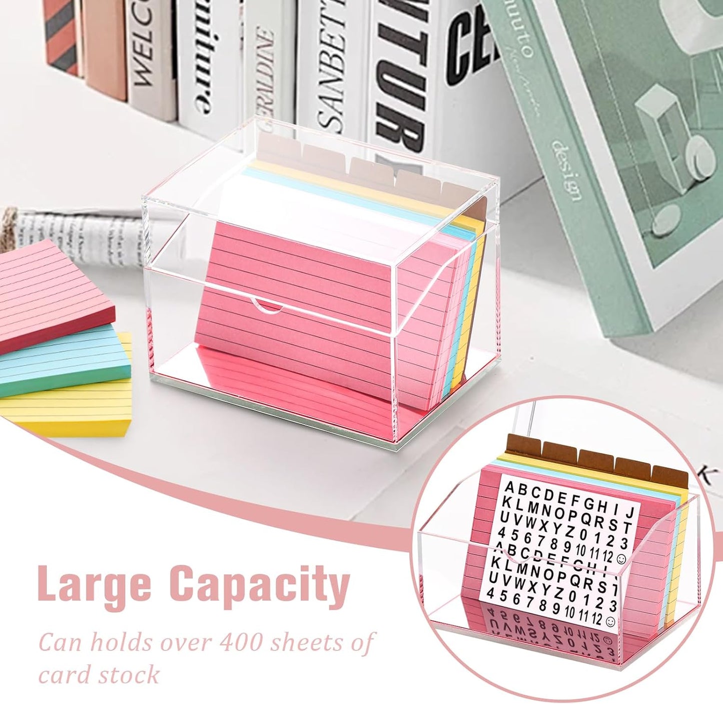 DLUGOPIS 3x5 Rose Gold Index Card Organizer Recipe Card Box Acrylic Flash Card Holder Index Card Box with Mirro Base 150 Ruled Lined Index Cards 30 Kraft Dividers Stickers For Holds 400 Note Cards