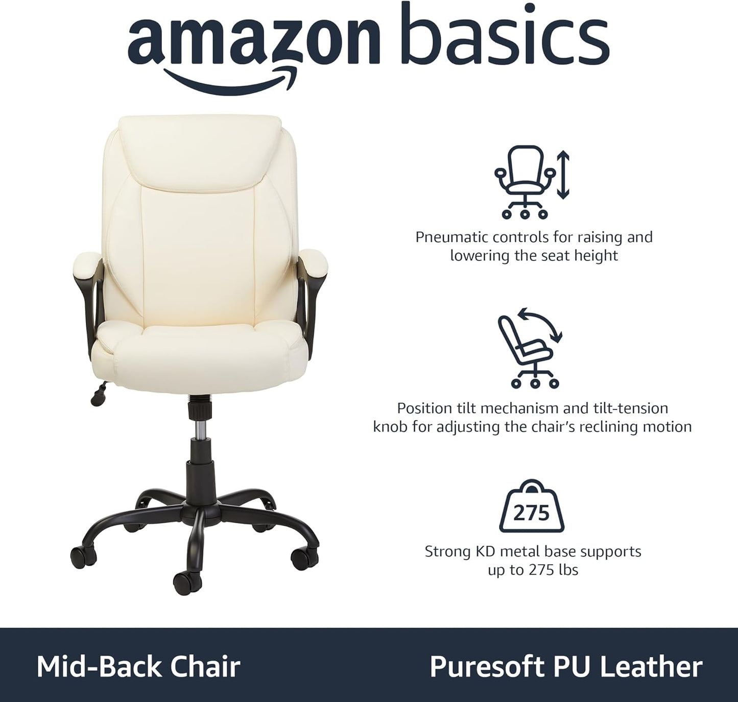 Amazon Basics Classic Puresoft PU Padded Mid-Back Height Adjustable Office Computer Desk Chair with Armrest, 26"D x 23.75"W x 42"H, Cream