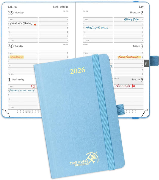 POPRUN 2026 Planner (Pocket Size 4''x 6.25'' Hardcover) - Small Calendar for Purse with Hourly Schedule & Vertical Weekly Layout, Monthly Calendars, 100 GSM - Haze Blue