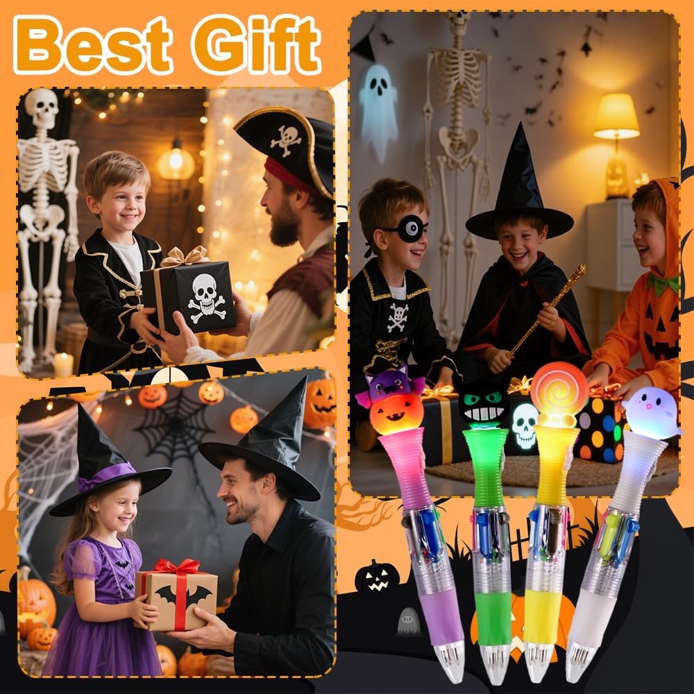 12PCS Halloween Pens,Multicolor Ballpoint Pens with Lights 4 Colors in 1 Halloween Retractable 0.7mm Multicolor Glow Writing Stationery for Holiday Party School Supplies Students Rewards