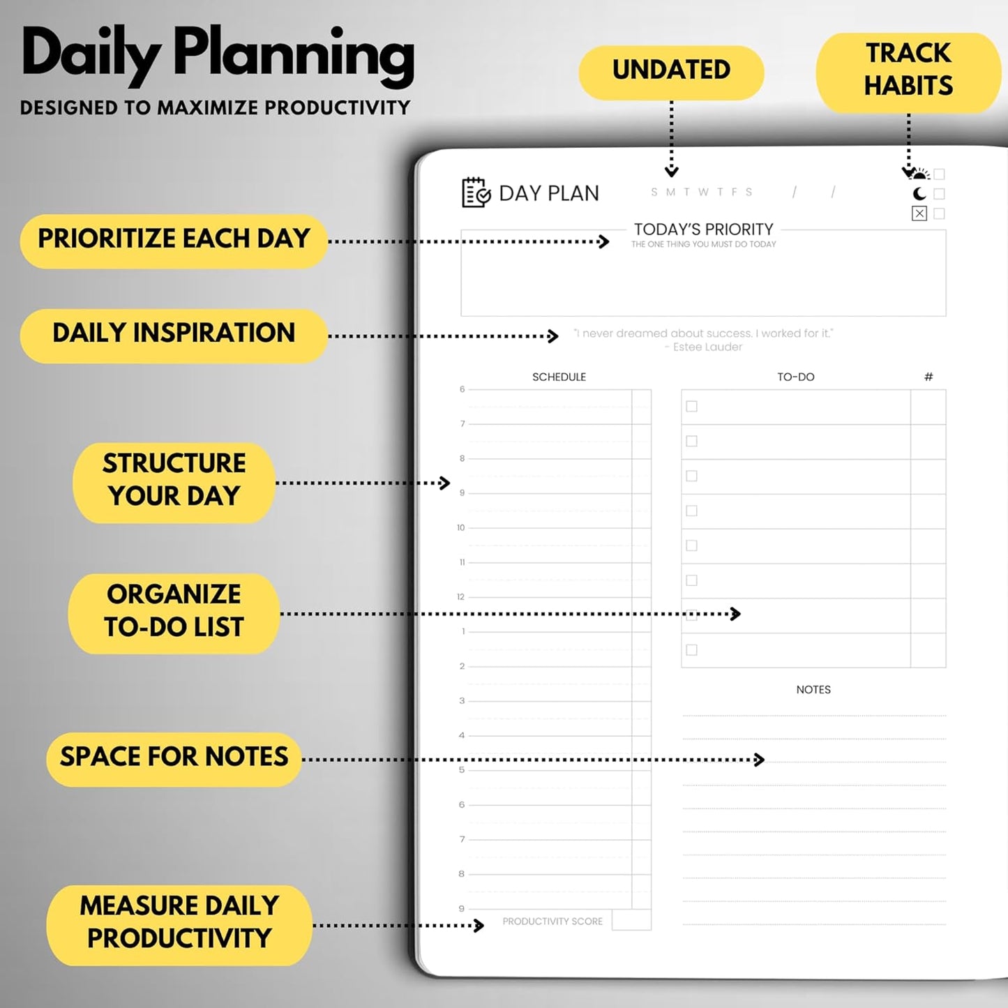 Undated Daily Planner – 6-Month A5 Productivity Organizer with Full Page Per Day, Hourly Schedule, Goal Setting, Habit Tracker, Weekly & Monthly Pages – Hardcover Time Management Notebook (Gray)