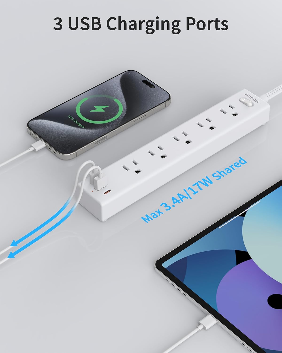 2 Pack Power Strip Surge Protector, 10 Ft Ultra Thin Flat Plug Extension Cord, Surge Protector with 5 Outlets & 3 USB Ports (2 USB C), 1700 Joules, 3-Prong, Wall Mount for Home Office Dorm, White