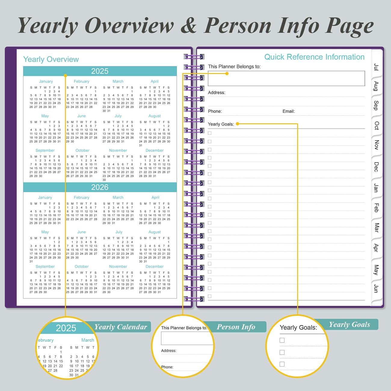2025-2026 Planner - Academic Planner 2025-2026 from July 2025 - June 2026, Weekly & Monthly Planner Spiral Bound with 12 Monthly Tabs, Inner Pocket, 6.4" x 8.5", Purple