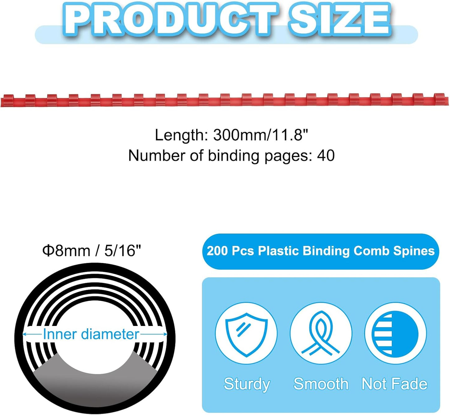 PATIKIL 8mm (5/16") Plastic Binding Combs, 200 Pcs 21 Rings Comb Binding Spines 40 Sheet Capacity Letter Size for Binding Paper Sheets Notebook Calendar Picture Album, Red