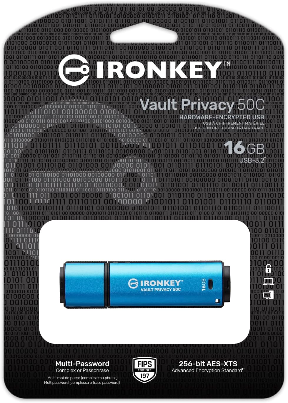 Kingston Ironkey Vault Privacy 50 USB-C 16GB Flash Drive | FIPS 197 Certified | XTS-AES 256-bit | BadUSB and Brute Force Protection | Mult-Password Option | IKVP50C/16GB