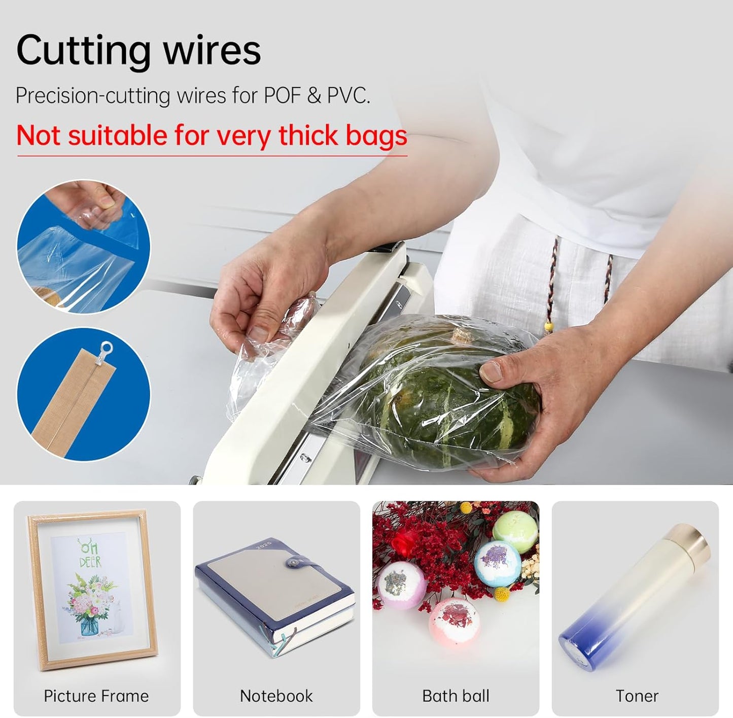 Impulse Heat Sealer with Cutter, Heavy-Duty Bag Sealing & Cutting Machine, 2 Extra Replacements（Purple, 8inch）