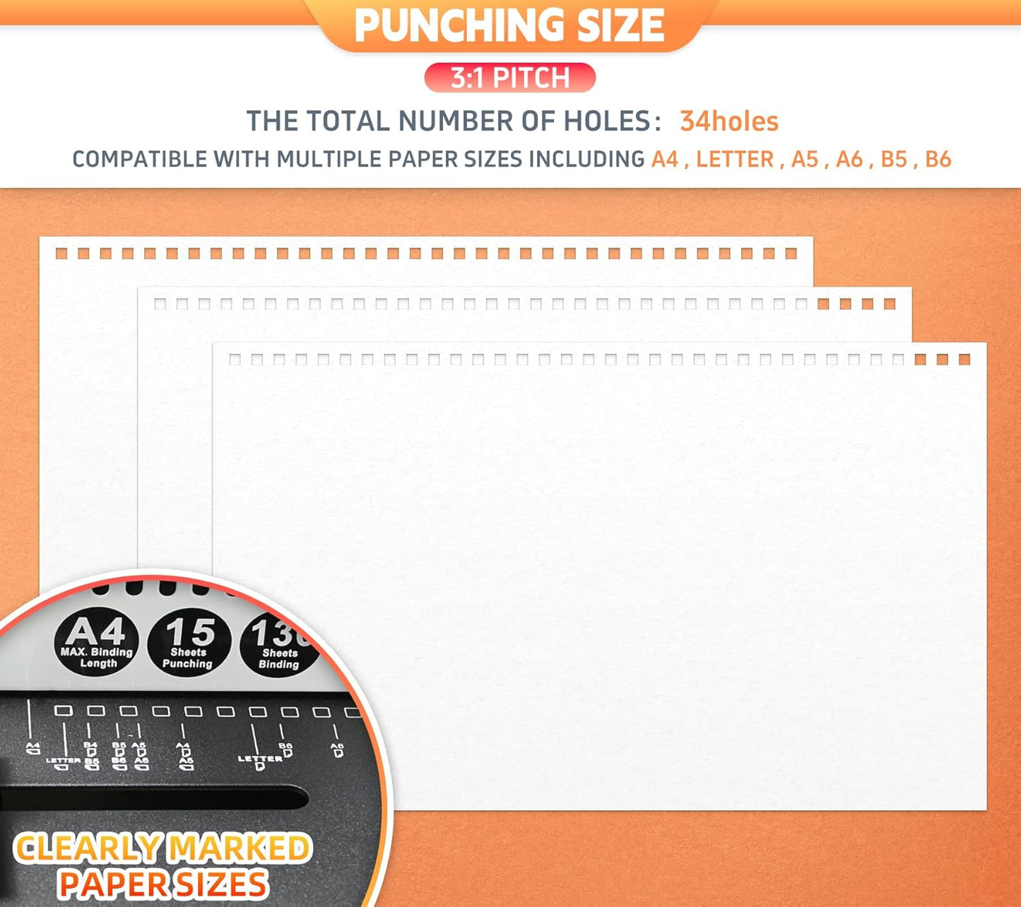 Rayson TD-1500B34 Binding Machine, Square Size Holes, 3:1 Pitch Wire-O Binder Punch 15 Sheets/Bind 130 Sheets with Sturdy Metal Construction