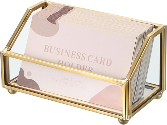 Hipiwe Business Card Holder Gold Name Card Display Stand with Mirror Bottom Metal Glass Desktop Organizer for Office Exhibition