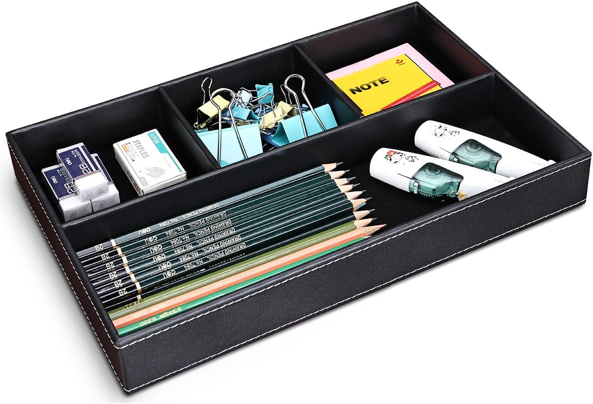 KINGFOM Pu Leather Desk Organizer Tray, 4 Compartment Office Storage Supplies Stationery Drawer Tray, Nightstand Bedside Tray for Key, Wallet, Sunglass, Watch, Coin, Phone Valet Tray Stackable Black
