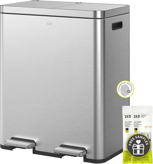 EKO Edison Dual Trash Can for Recycling and Trash, 8+8 Gallons Kitchen Garbage Can with Dual Removable Inner Liners, Independent Lids and Pedals, Matte Stainless Steel