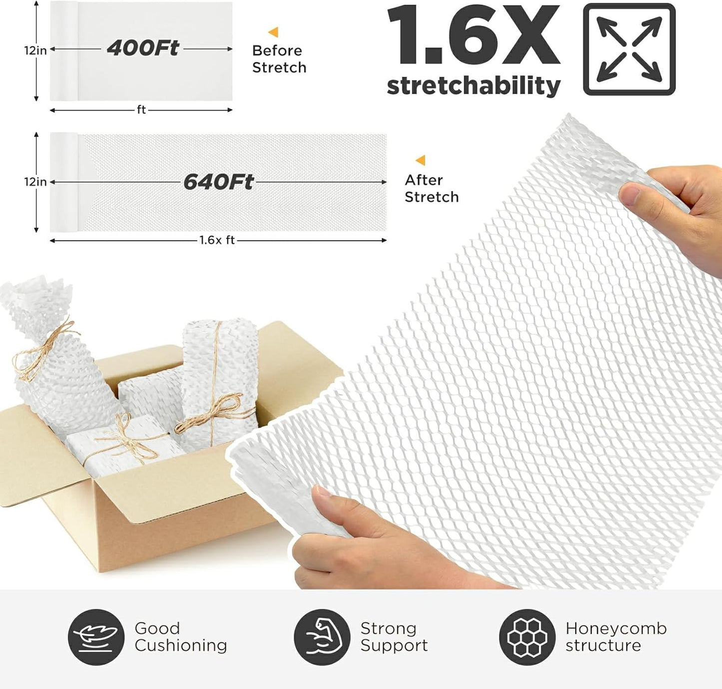 Honeycomb Packing Paper, 12"x400' White | Perforated Honeycomb Packing Paper Recyclable Moving Supplies for Shipping & Moving | Plastic-Free Alternative to Bubble Cushion Wrap with 36 Fragile Stickers