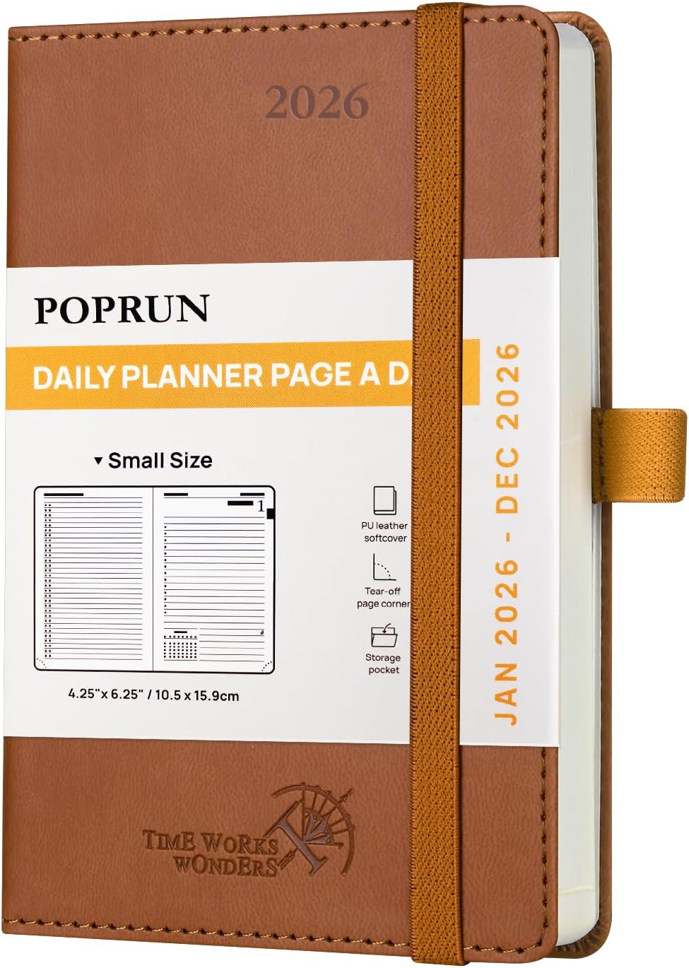 POPRUN Daily Planner 2026 (Jan - Dec), (Purse Size-4.25" x 6.25") 2026 Daily Calendar with One Page Per Day Even Weekends, Hourly Appointment Book with Pocket, PU Leather Softcover - Brown