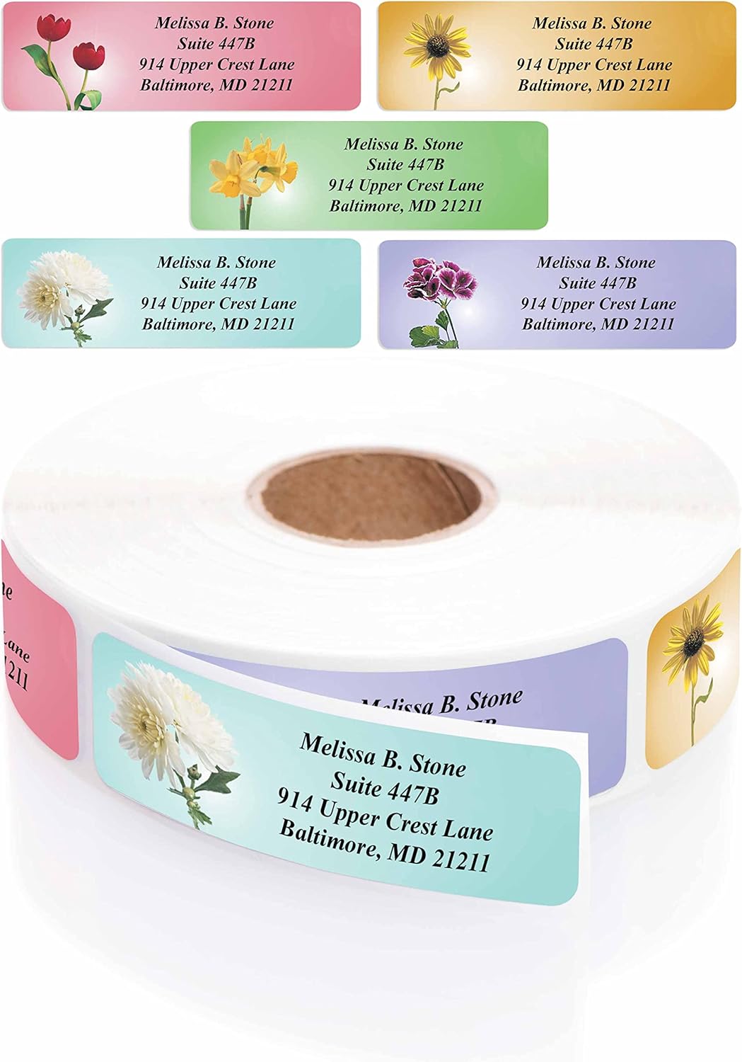 Garden Blossoms Designer Assorted Rolled Address Labels with Elegant Plastic Dispenser