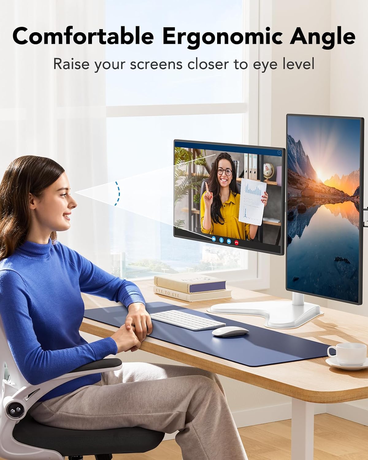 HUANUO 32 inches Dual Monitor Stand up to 17.6lbs, High-Grade Aluminum Free-Standing Dual Monitors Mount for 2 Screens. Fully Adjustable Dual Monitor Stand for Desk with Tilt, Swivel, Rotation, White