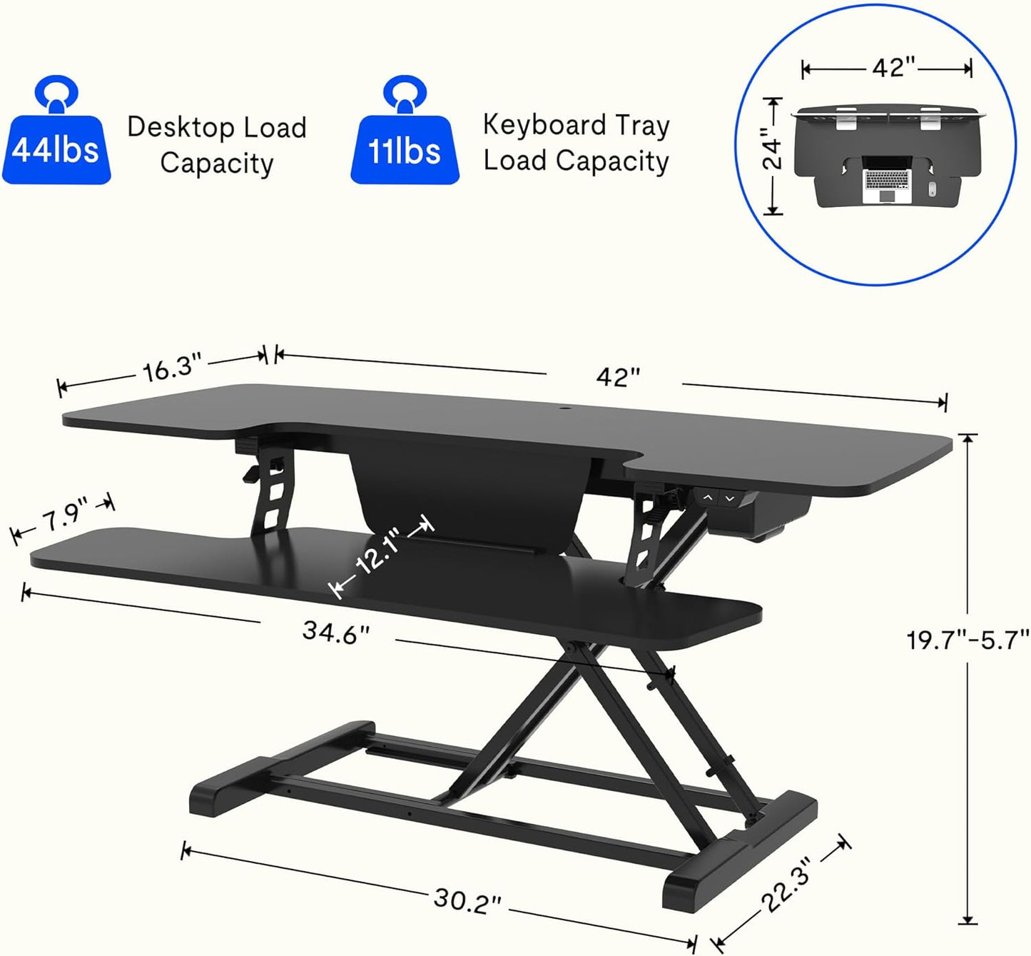 FLEXISPOT Electric Standing Desk Converter 42" Height Adjustable Desk 55 LBS Weight Capacity Motorized Stand up Desk Riser with Quick Release Keyboard Tray for Office Home