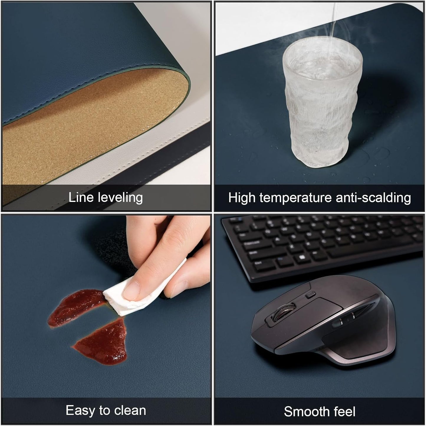 DAWNTREES Dual Sided Desk Mat,Leather Desk Pad,40"x16",Cork Desk Mat Protector,with PU Leather Valet Tray Organizer,Large Mouse Pad,Desk Writing Pad for Office and Home(Dark Blue)