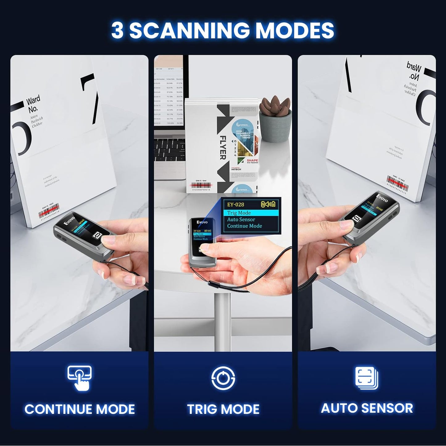 Eyoyo QR Code Scanner with LCD Display, Mini Portable Bluetooth Barcode Scanner, Wireless 1D 2D Book Bar Code Scanner for Library Classroom Inventory Compatible with iPhone iPad Android iOS POS Laptop