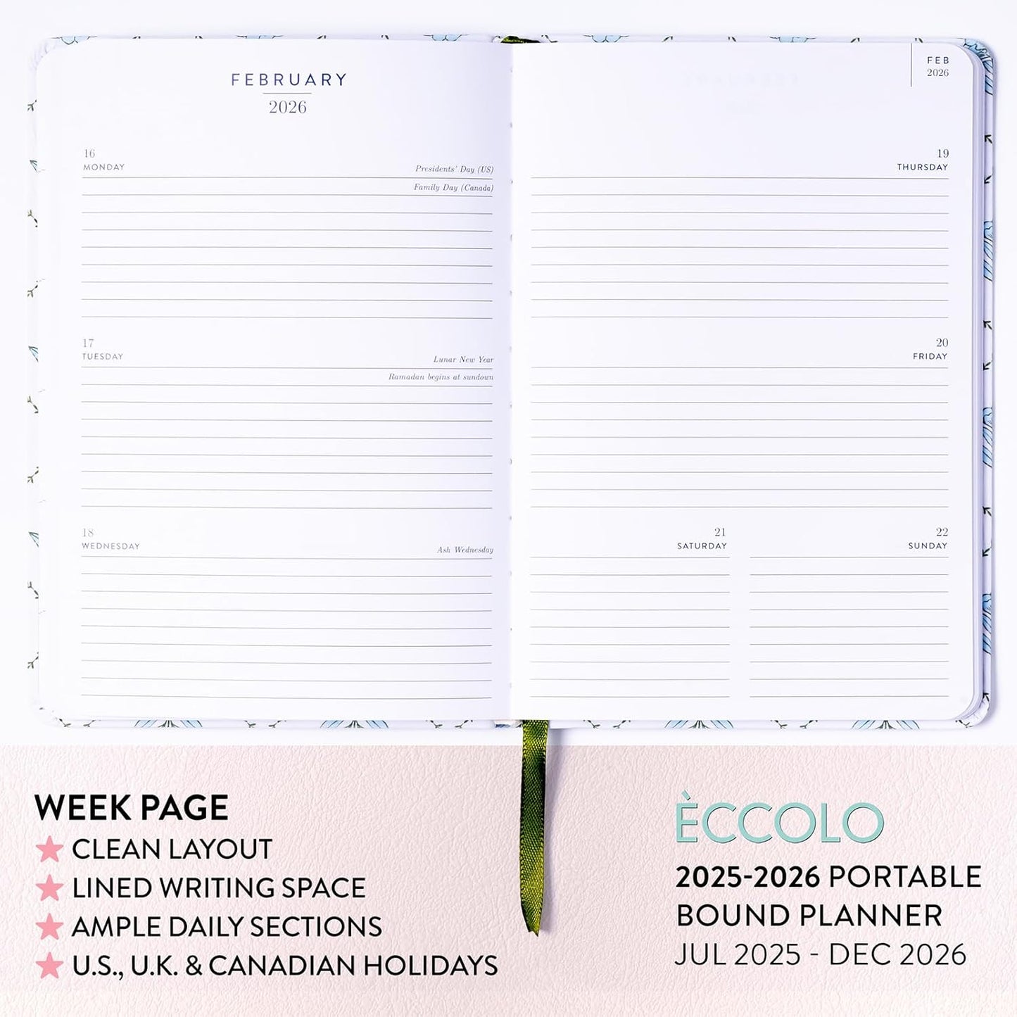 2025-2026 Eccolo 18 Month Linen Bound Planner, Monthly & Weekly Pages (5.25 x 7.75" - July 2025 - Dec 2026 - Blue Wallpaper)
