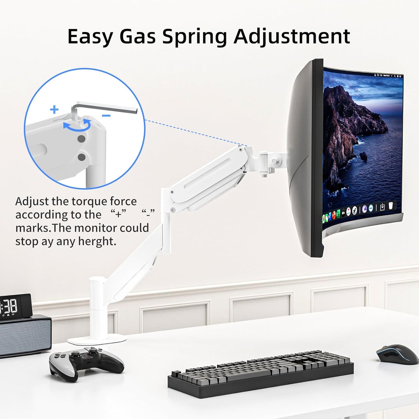 Suptek Ultrawide Monitor Arm Mount for 17 to 49 Inch Heavy Duty Curved Screen,Holds 46.2 lbs,Adjustable Gas Spring Monitor Arm Desk Mount Stand,75/100 Vesa Mount,White(MD71LW)