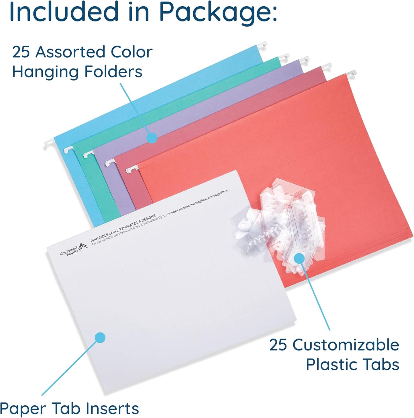 25 Blue Summit Supplies Pretty Hanging File Folders, Pastel Gem Tone Assorted Colors, Cute Hanging File Folders with Plastic Tab Inserts, Holds Letter Size Documents