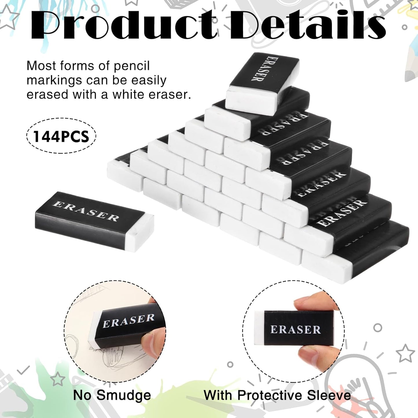 144 Pieces White Pencil Erasers Bulk Soft Art Erasers Pencil Erasers Large Rubber Erasers for Drawing Kids Student Artist Office Home Classroom Writing 1.8 x 0.8 x 0.3 Inch