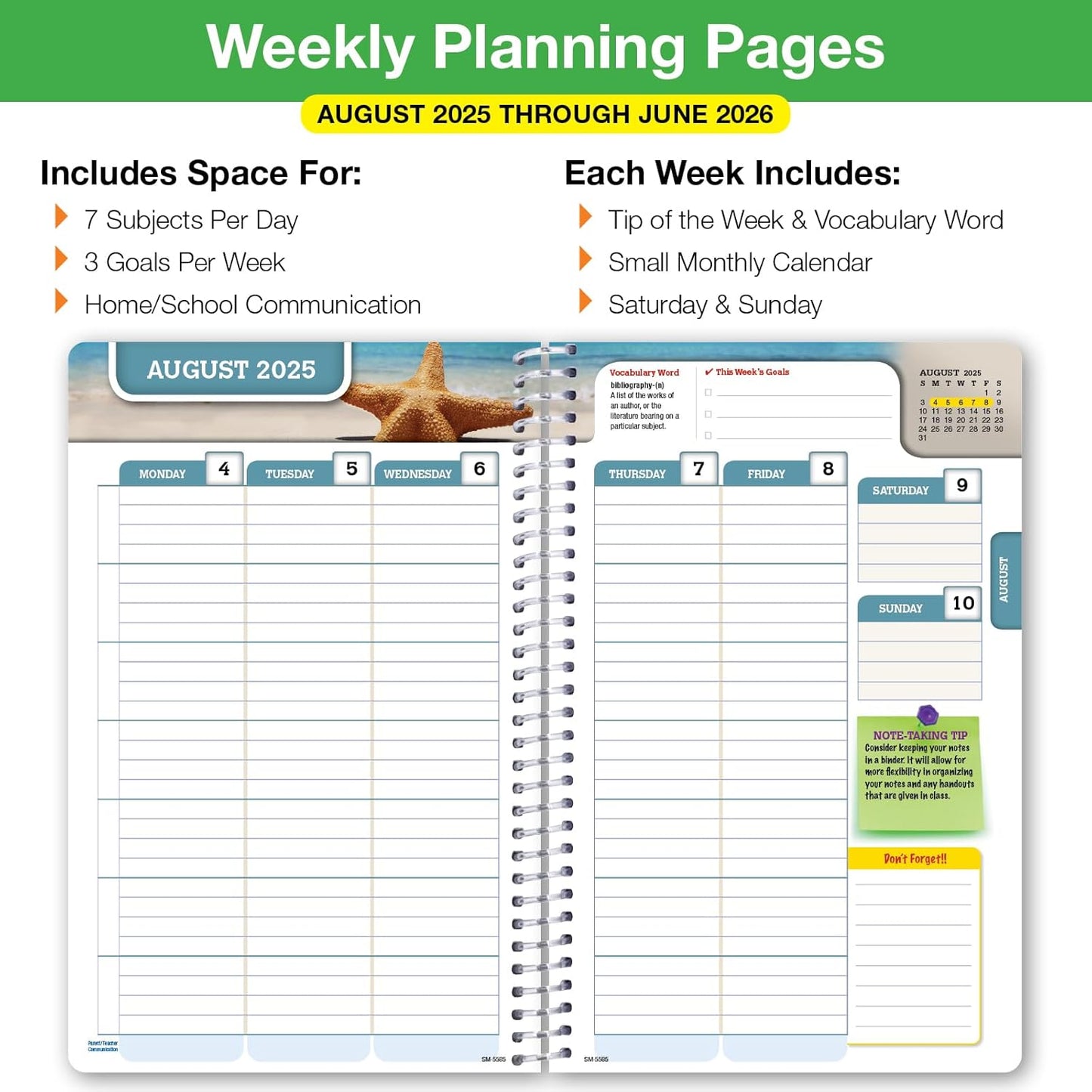 Global Datebooks Dated Middle School or High School Student Planner for Academic Year 2025-2026 Includes Ruler/Bookmark and Planning Stickers (Matrix Style - 5.5"x8.5" - Triple Stripe)