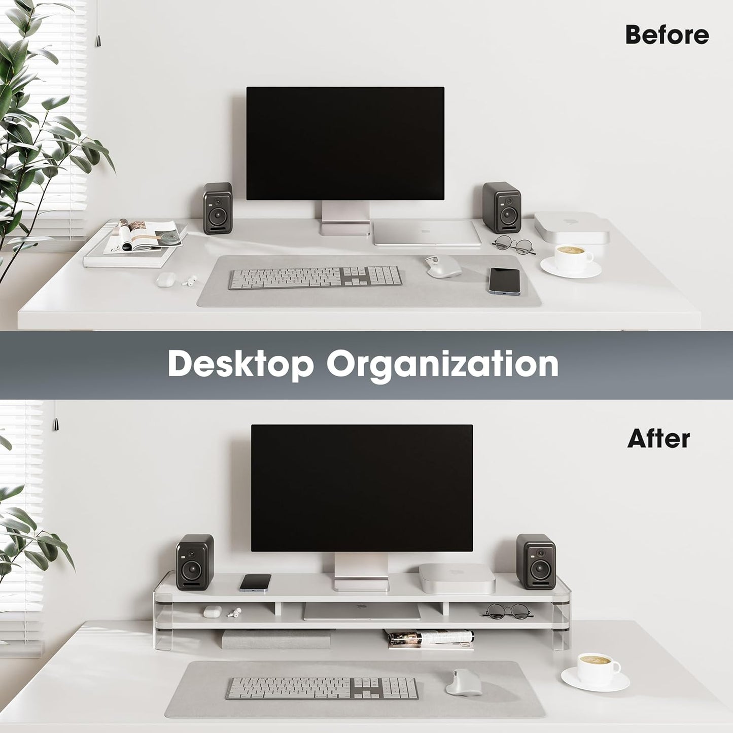 Fenge Acrylic Monitor Stand Riser, Clear Dual Acrylic Computer Monitor Stand for 2 Monitors, 2 Tier Wood Office Desk Storage Organizer for Laptop, Computer, TV Stand