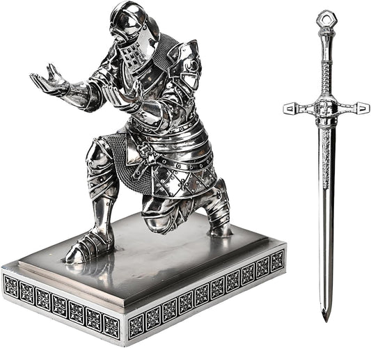 King's Guard Knight Pen Holder Pen Stand Desk Organizers and Accessories Resin Pencil Holder as Gift for Office and Home (Silver(Plating))