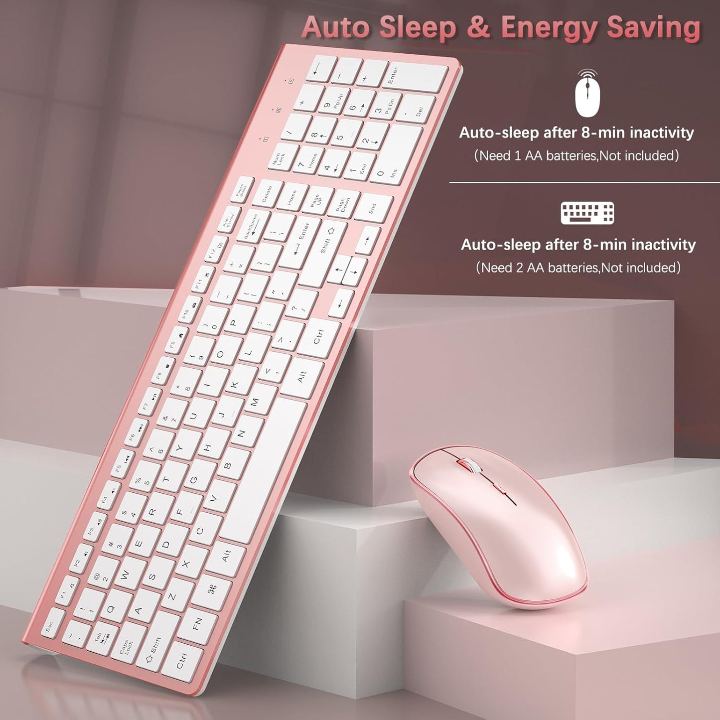 Wireless Keyboard and Mouse,2.4G Full Size and Portable Wireless Keyboard with Numeric Keyboard or Computer/Desktop/Laptop/Windows 10/8/7 -Pink