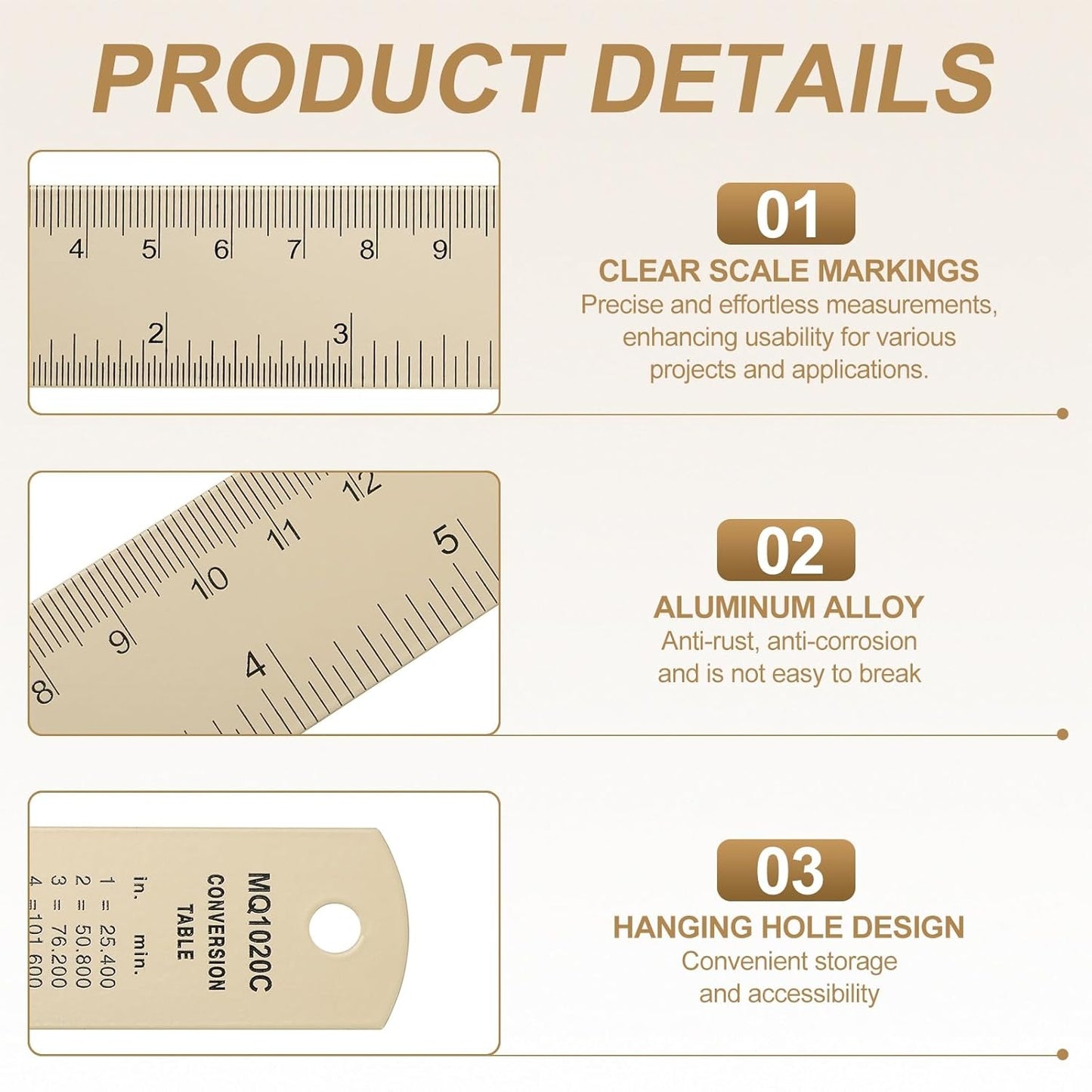 HARFINGTON 2pcs Metal Straight Ruler 15cm Metric SAE Aluminum Alloy Measuring Rulers Scale Tool with Hole for Measure Study Reading Classroom Office, Beige