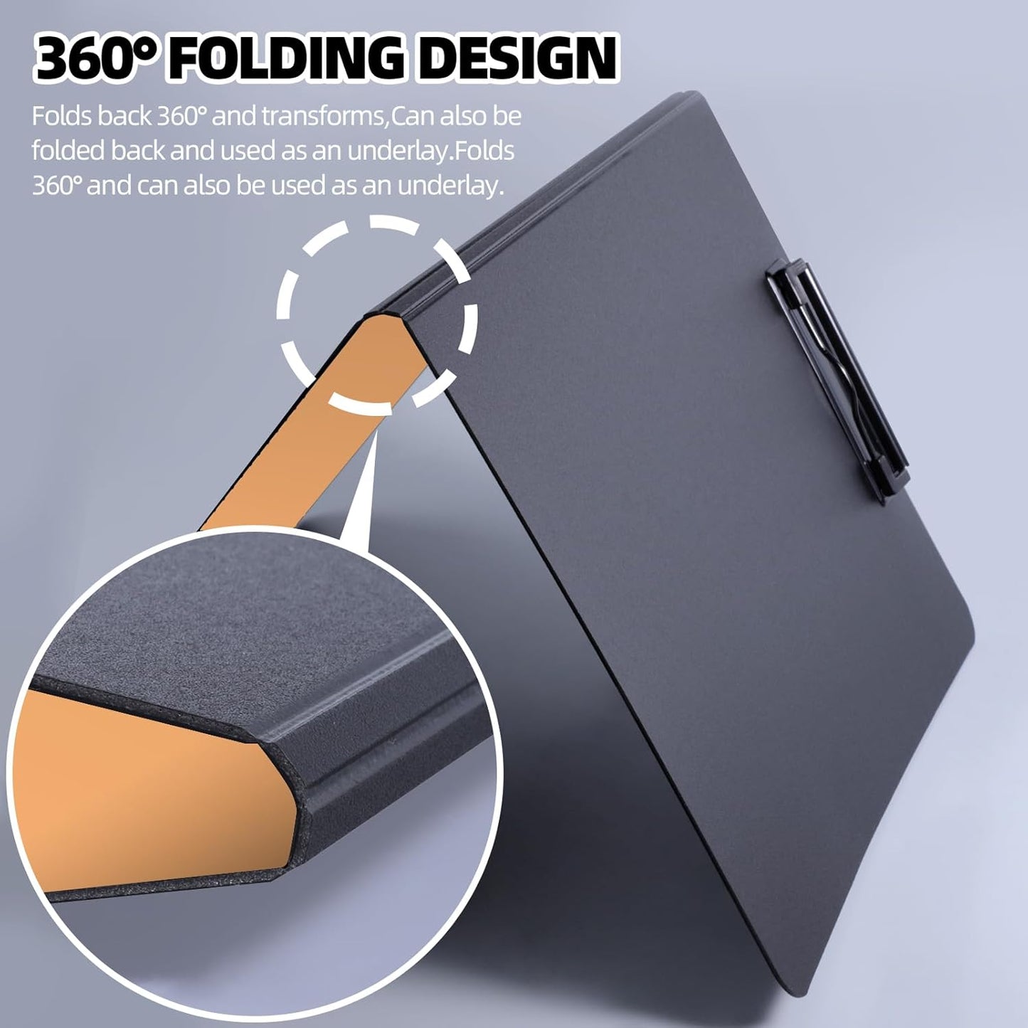 Clipboard Folder, 2 Pcs A4 Foldable Clipboard with Horizontal and Vertical Double Metal Clips, 360 Degree Foldable Binder Clipboards with Pen Holder, File Cover Work Folder Clipboards, Orange