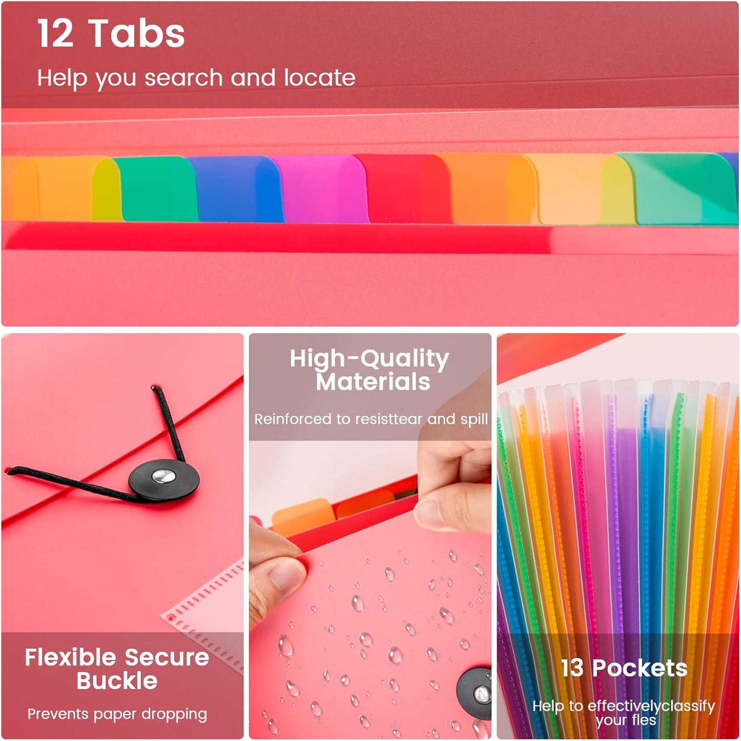 13 Pocket Expanding File Folder Accordian File Organizer, A4 Letter Size Paper Document Receipt Holder for School Office Supplies, Pink
