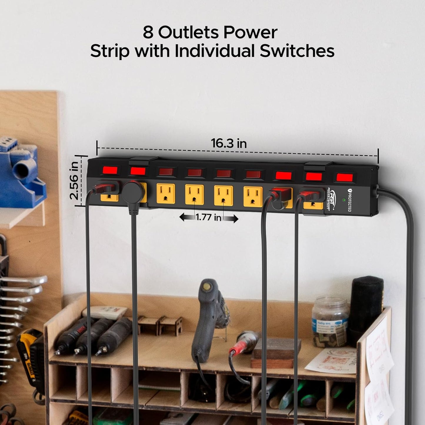 CRST 8 Outlet Heavy Duty Power Strip with Individual Switches, 15A/1875W Metal Power Strip Surge Protector with Circuit Breaker (1200 Joules), 6 FT 14AWG Extension Cord and Mounting Bracket