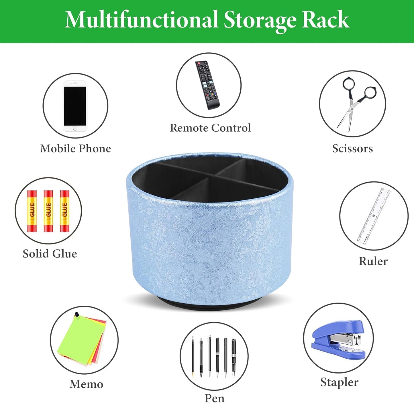 lizimandu Round Leather Art Supply Organizer,Remote Control Holder,360 Degree Spinning,Multi-Functional Pencil Holder,4 Compartments Desktop Stationary Organizer(1-Liuli Blue)