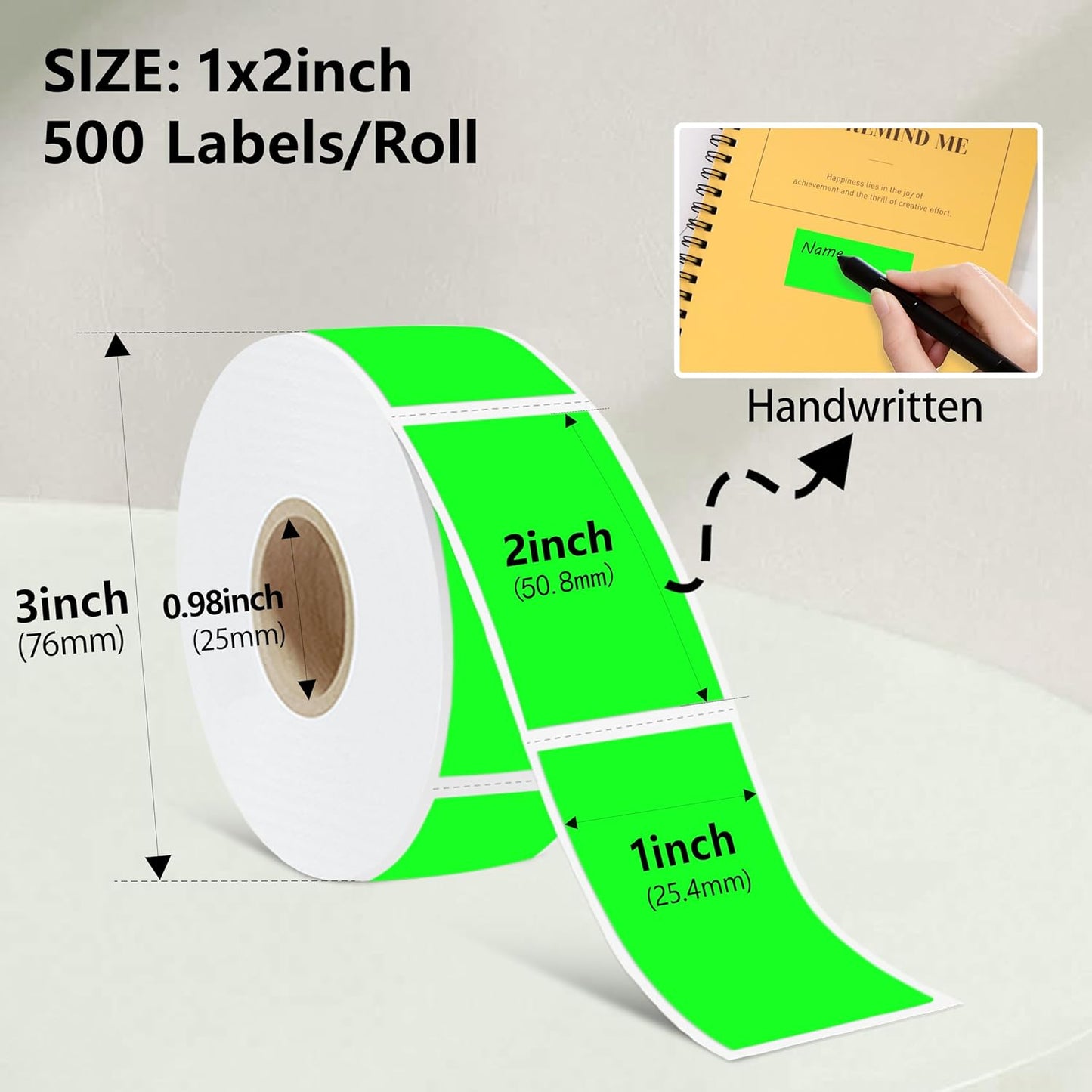 1x2 inch Label Stickers Roll for Thermal Printer 500PCS Colored Removable Freezer Labels Waterproof Blank Sticker Labels to Write on for Food Containers and Jars, Fluorescent Green