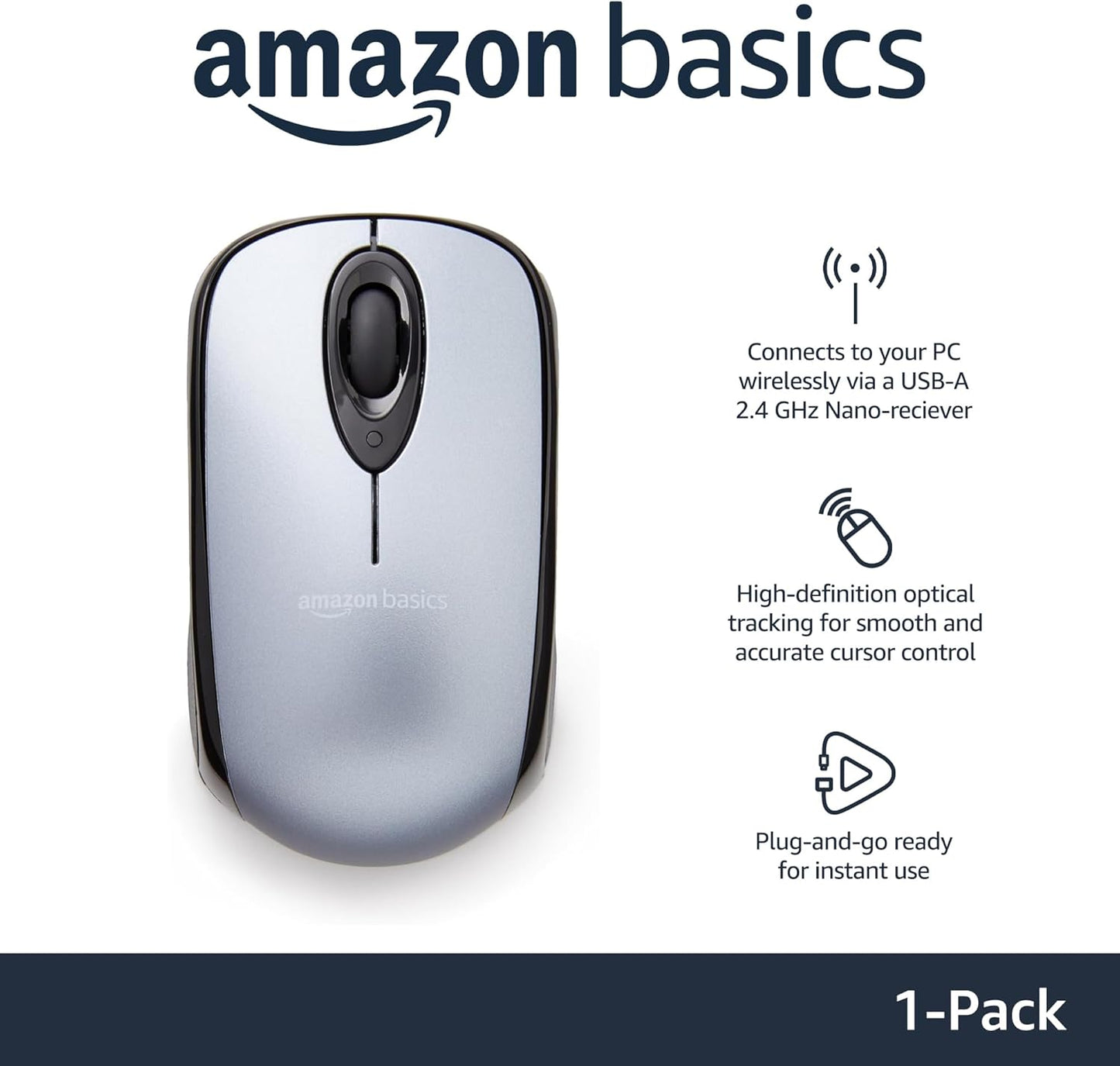 Amazon Basics 2.4 Ghz Wireless Optical Computer Mouse with USB Nano Receiver, Silver
