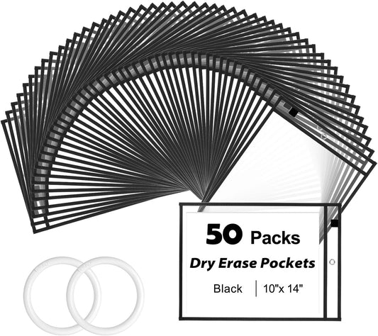 50 Packs Dry Erase Pocket Sleeves with 2-Ring, Reusable Clear Plastic Classroom Sleeves, 10x14 Inch Ticket Holders, Plastic Sleeves for School/Office Organization