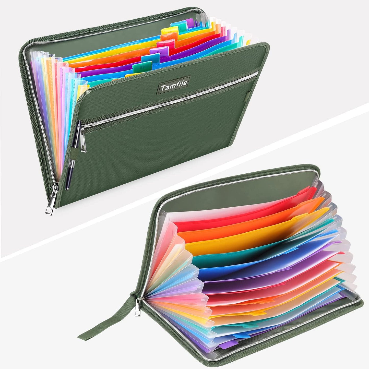 Fireproof Safe Accordion File Organizer Bag Folder,Waterproof Expanding Filing Folder with 14 Pockets, A4 Letter Size, Document Organizer Holder and Color Labels /2 Zipper (Green 14.3" x 9.8")